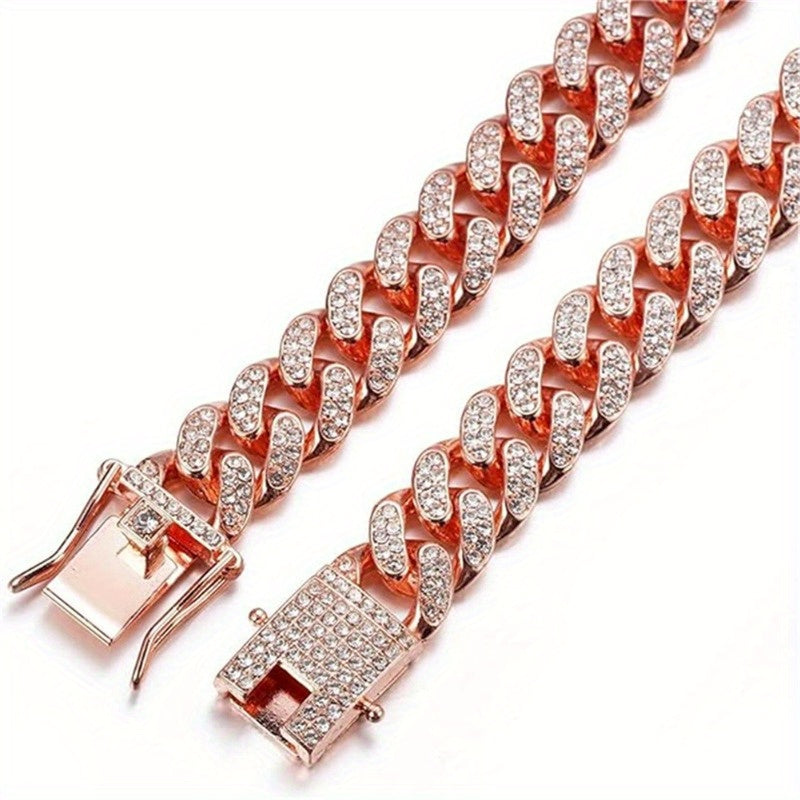 Diamond-Studded Metal Cuban Dog Collar with Safety Buckle - Slip & Martingale Patterned Collar for Pets
