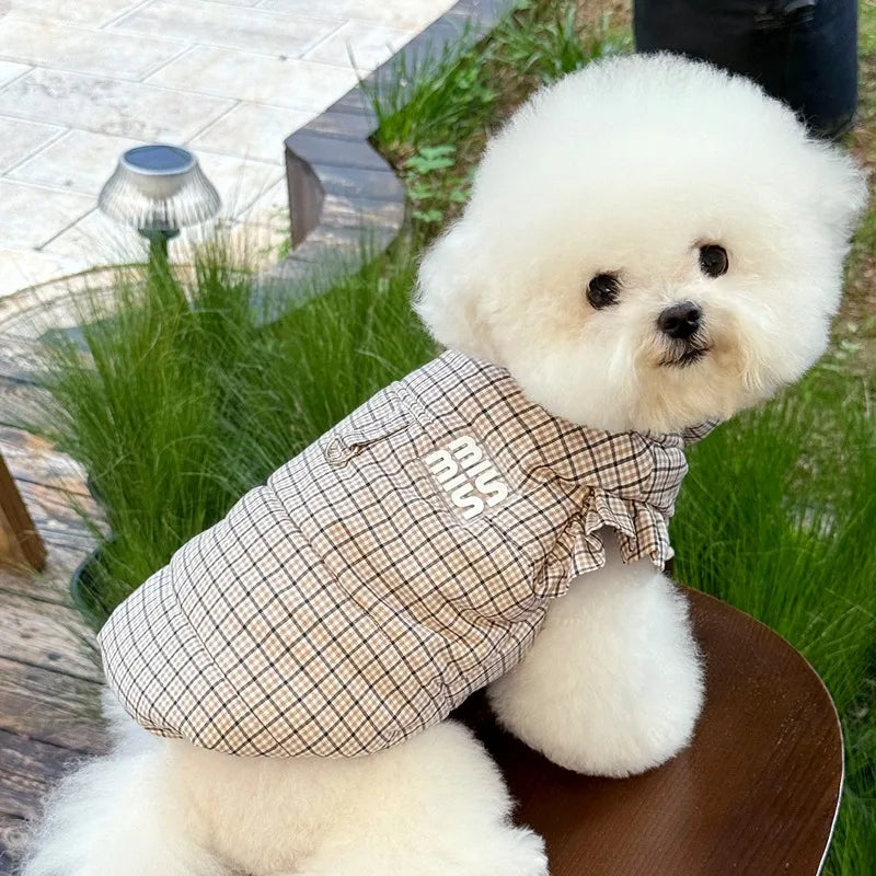 Dog Clothes with Traction Buckle Cute Winter Teddy Coat Pomeranian Fashionable Checked Jacket Maltese Thickened Clothing