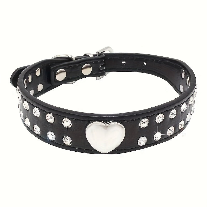 Small Dogs and Puppies Bling Heart Dog Collar - Durable Leather, Rhinestone Decor