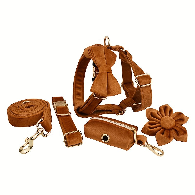 A Set Of 6 Pieces Of Dog Collar And Dog Leash Includes 1 Adjustable Soft Velvet Dog Collar, With 1 Flower, 1 Dog Leash, 1 Complimentary Poop Bag, 1 Detachable Bow Tie And A Dog Vest.