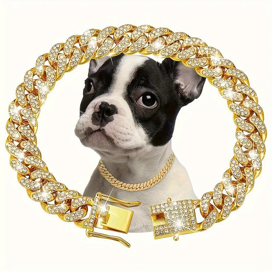 1pc Dog Chain Collar Diamond Cuban Chain Dog Collar 13mm Wide Dog Necklace Metal Cat Chain Pet Crystal Collar Jewelry Accessories Suitable For Small, Medium, And Large Dogs And Cats