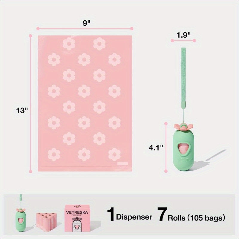 105 BAGS VETRESKA Dog Poop Bags with Dispenser Lavender Scented Guaranteed Leak Proof and Extra Thick Pet Waste Bags for Walking Dog and Cats Litter 1 Bag Holder and 105 Bags 7 Refill Rolls, Poop Bags for Dogs