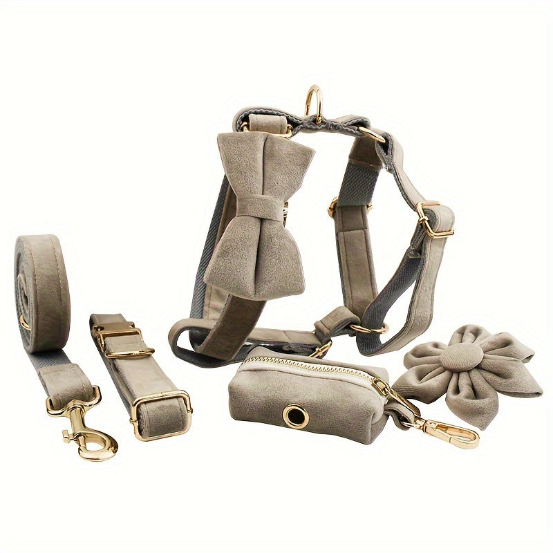 A Set Of 6 Pieces Of Dog Collar And Dog Leash Includes 1 Adjustable Soft Velvet Dog Collar, With 1 Flower, 1 Dog Leash, 1 Complimentary Poop Bag, 1 Detachable Bow Tie And A Dog Vest.