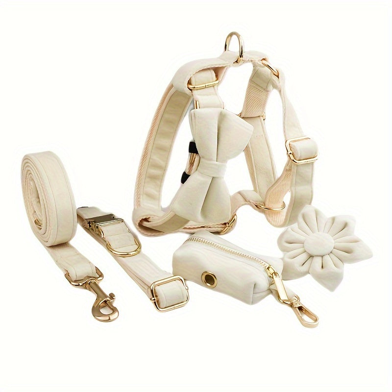 A Set Of 6 Pieces Of Dog Collar And Dog Leash Includes 1 Adjustable Soft Velvet Dog Collar, With 1 Flower, 1 Dog Leash, 1 Complimentary Poop Bag, 1 Detachable Bow Tie And A Dog Vest.