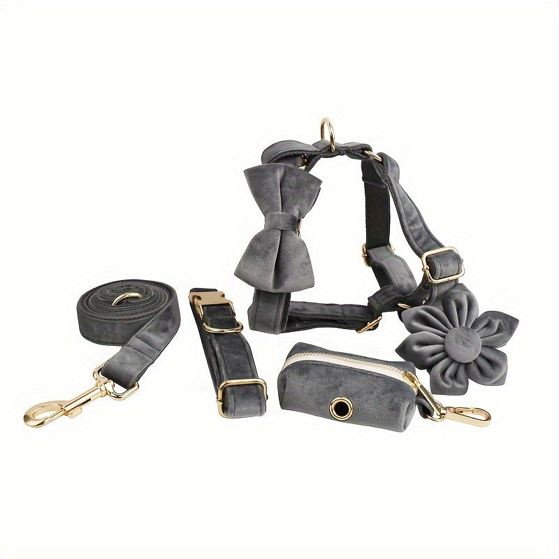 A Set Of 6 Pieces Of Dog Collar And Dog Leash Includes 1 Adjustable Soft Velvet Dog Collar, With 1 Flower, 1 Dog Leash, 1 Complimentary Poop Bag, 1 Detachable Bow Tie And A Dog Vest.