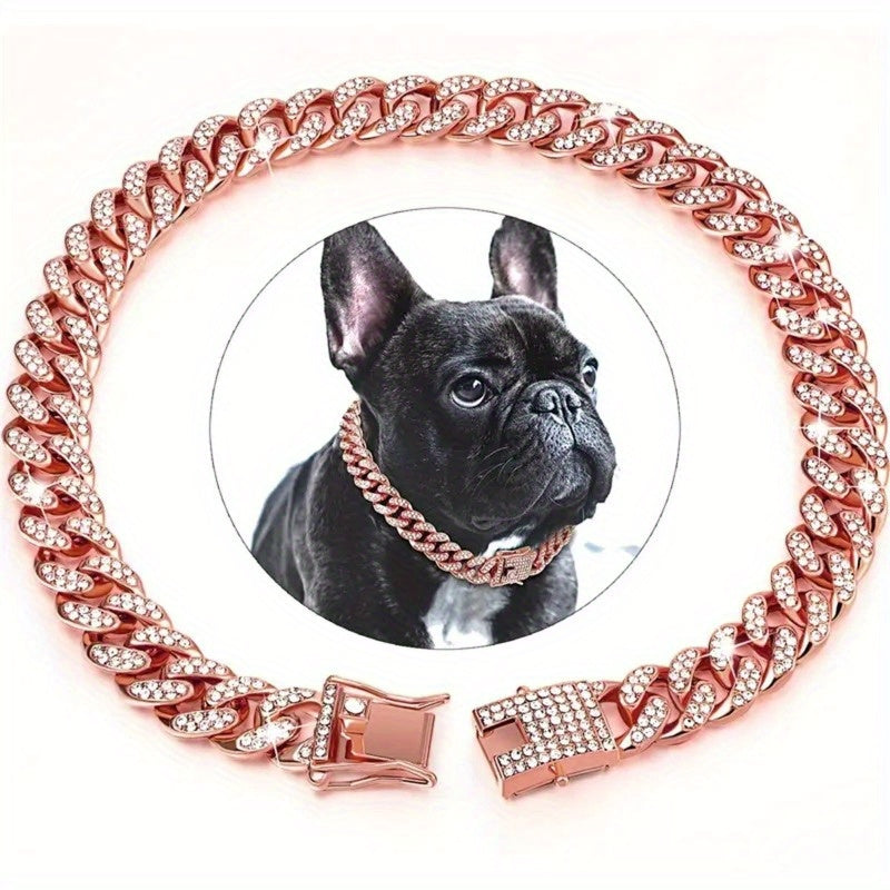 Diamond-Studded Metal Cuban Dog Collar with Safety Buckle - Slip & Martingale Patterned Collar for Pets