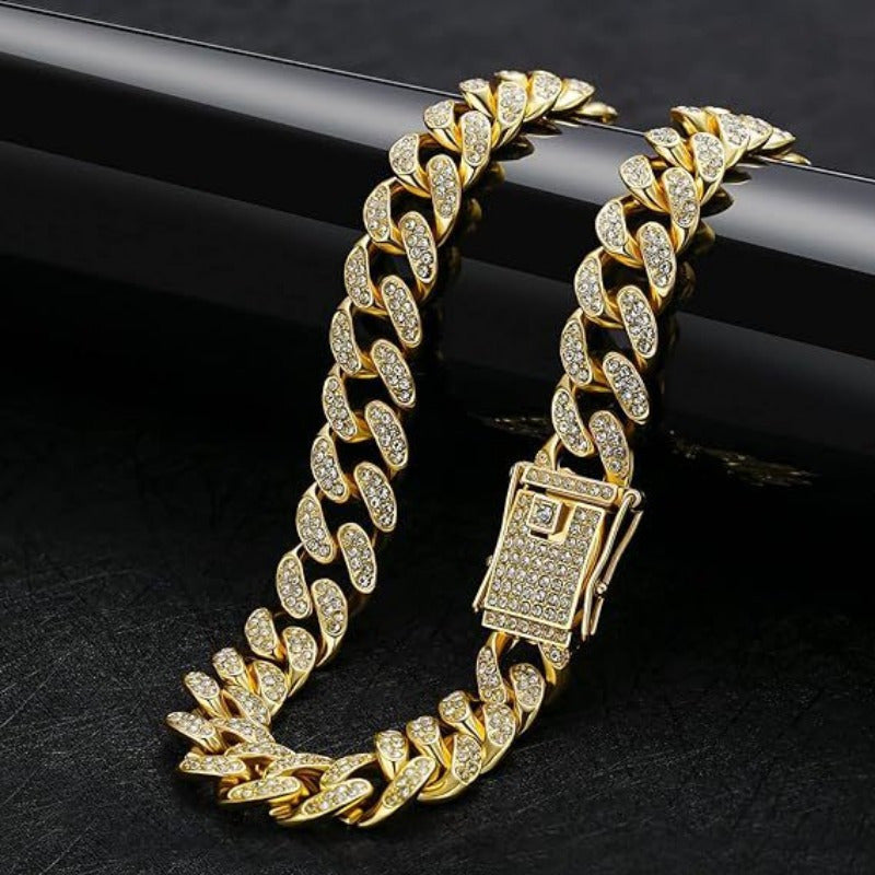 Diamond-Studded Metal Cuban Dog Collar with Safety Buckle - Slip & Martingale Patterned Collar for Pets