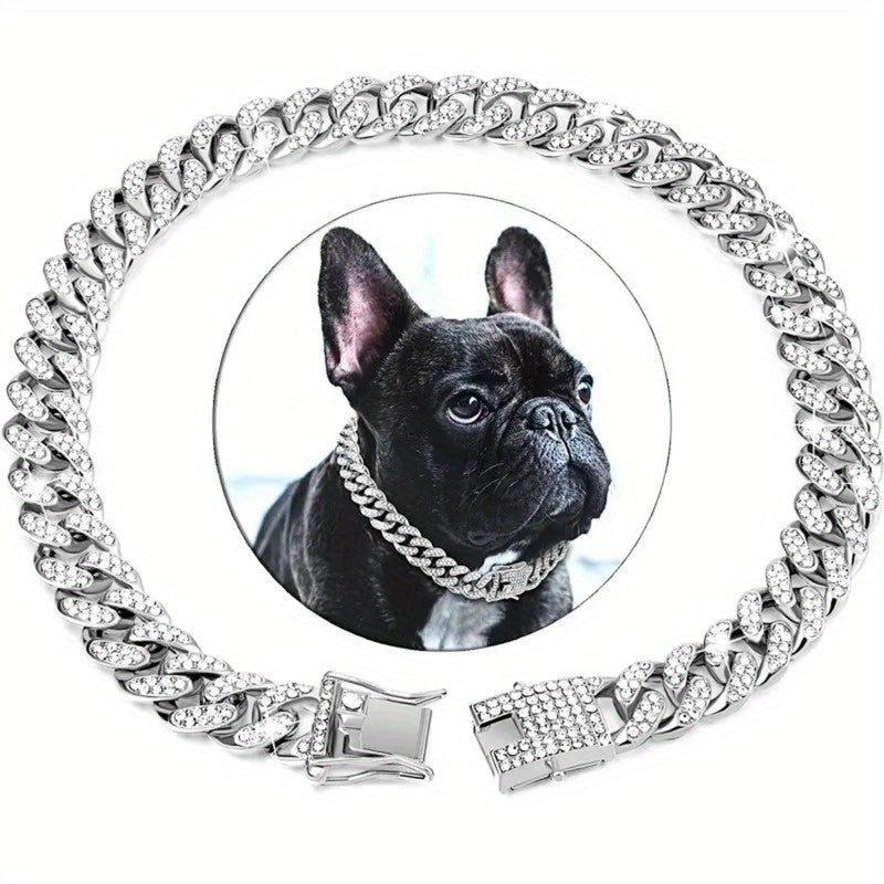 Diamond-Studded Metal Cuban Dog Collar with Safety Buckle - Slip & Martingale Patterned Collar for Pets