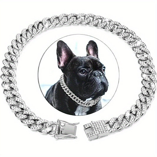 Diamond-Studded Metal Cuban Dog Collar with Safety Buckle - Slip & Martingale Patterned Collar for Pets