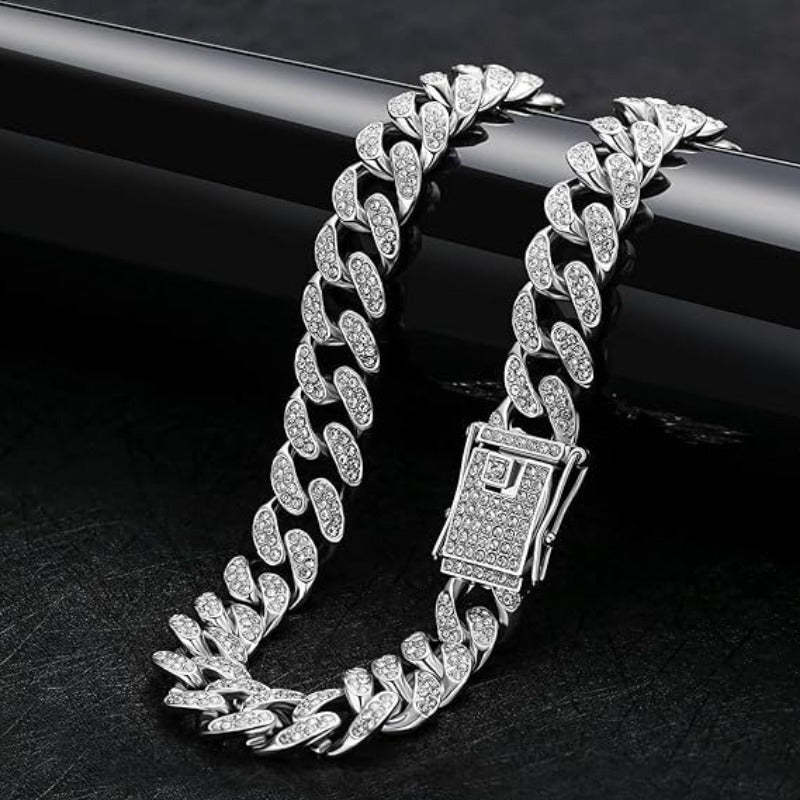 Diamond-Studded Metal Cuban Dog Collar with Safety Buckle - Slip & Martingale Patterned Collar for Pets
