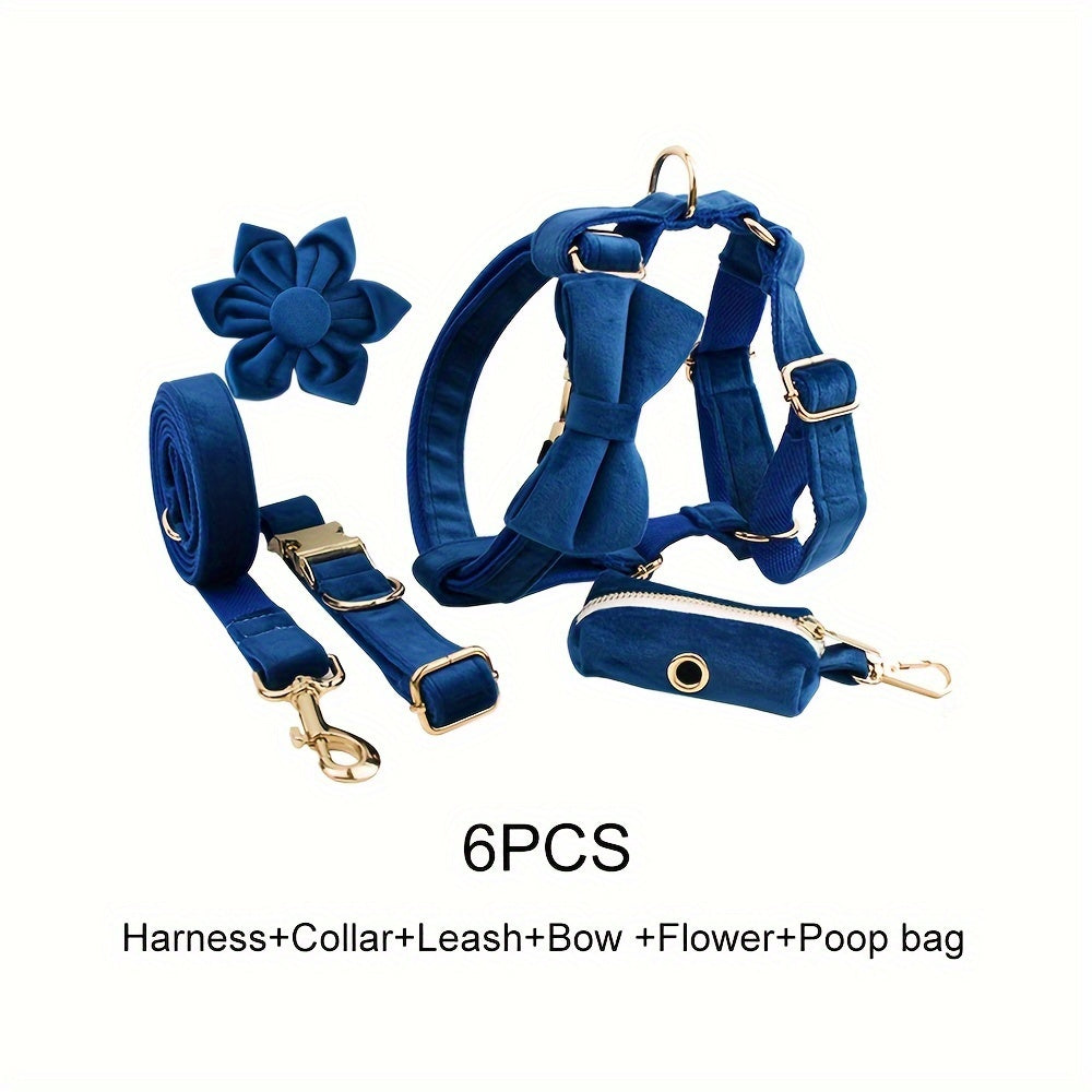A Set Of 6 Pieces Of Dog Collar And Dog Leash Includes 1 Adjustable Soft Velvet Dog Collar, With 1 Flower, 1 Dog Leash, 1 Complimentary Poop Bag, 1 Detachable Bow Tie And A Dog Vest.