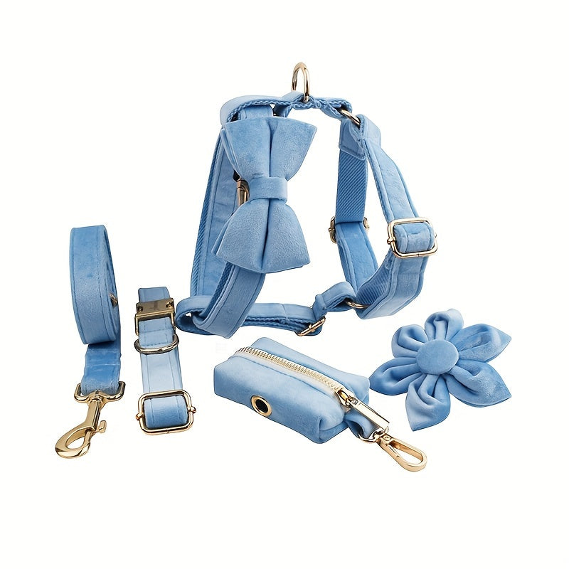 A Set Of 6 Pieces Of Dog Collar And Dog Leash Includes 1 Adjustable Soft Velvet Dog Collar, With 1 Flower, 1 Dog Leash, 1 Complimentary Poop Bag, 1 Detachable Bow Tie And A Dog Vest.