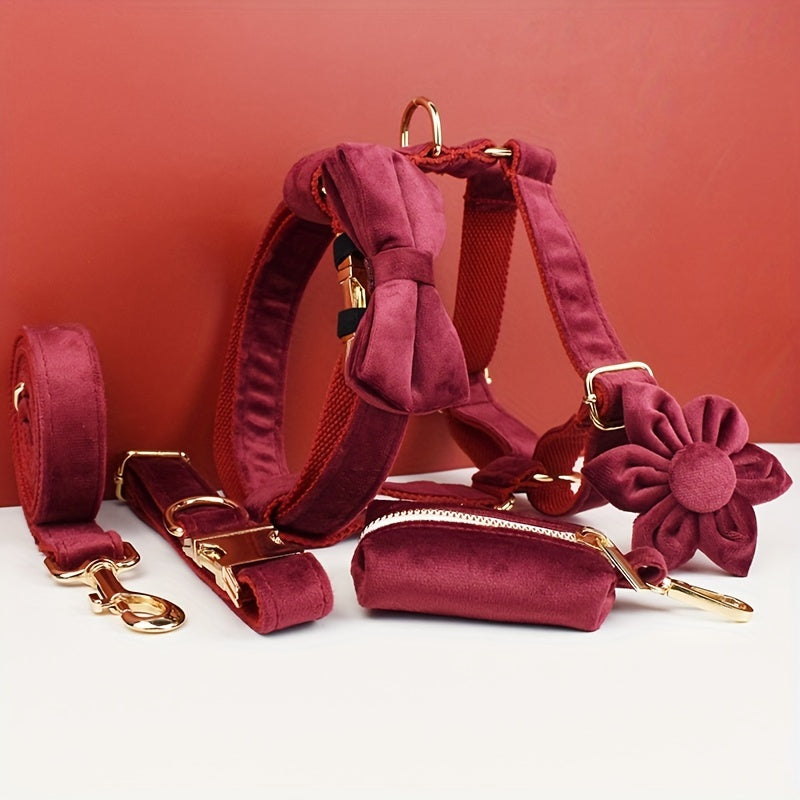 A Set Of 6 Pieces Of Dog Collar And Dog Leash Includes 1 Adjustable Soft Velvet Dog Collar, With 1 Flower, 1 Dog Leash, 1 Complimentary Poop Bag, 1 Detachable Bow Tie And A Dog Vest.