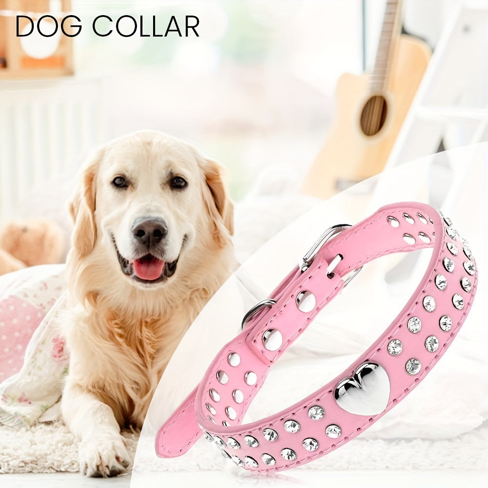 Small Dogs and Puppies Bling Heart Dog Collar - Durable Leather, Rhinestone Decor