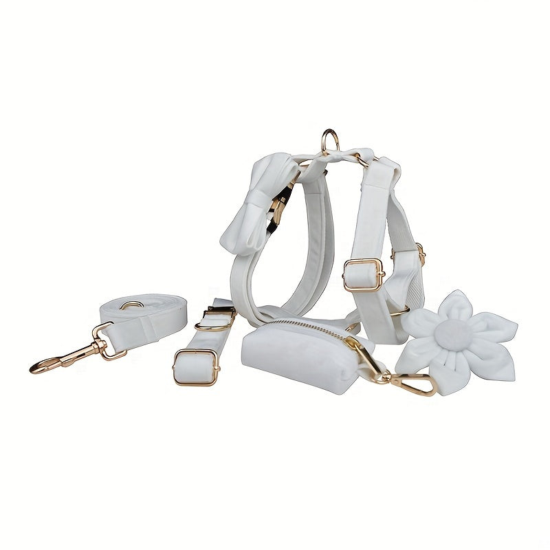 A Set Of 6 Pieces Of Dog Collar And Dog Leash Includes 1 Adjustable Soft Velvet Dog Collar, With 1 Flower, 1 Dog Leash, 1 Complimentary Poop Bag, 1 Detachable Bow Tie And A Dog Vest.