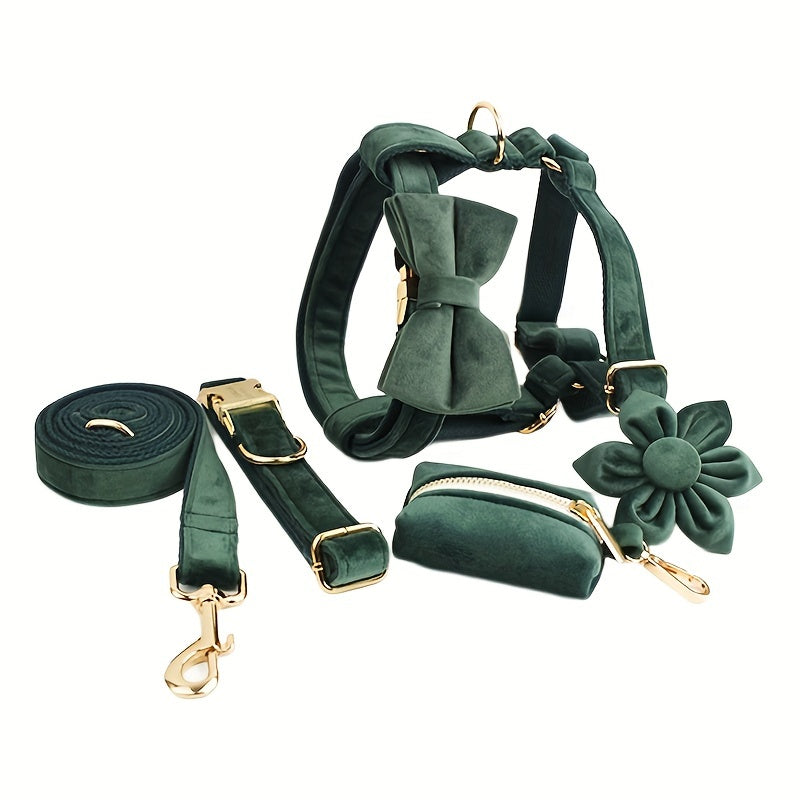 A Set Of 6 Pieces Of Dog Collar And Dog Leash Includes 1 Adjustable Soft Velvet Dog Collar, With 1 Flower, 1 Dog Leash, 1 Complimentary Poop Bag, 1 Detachable Bow Tie And A Dog Vest.