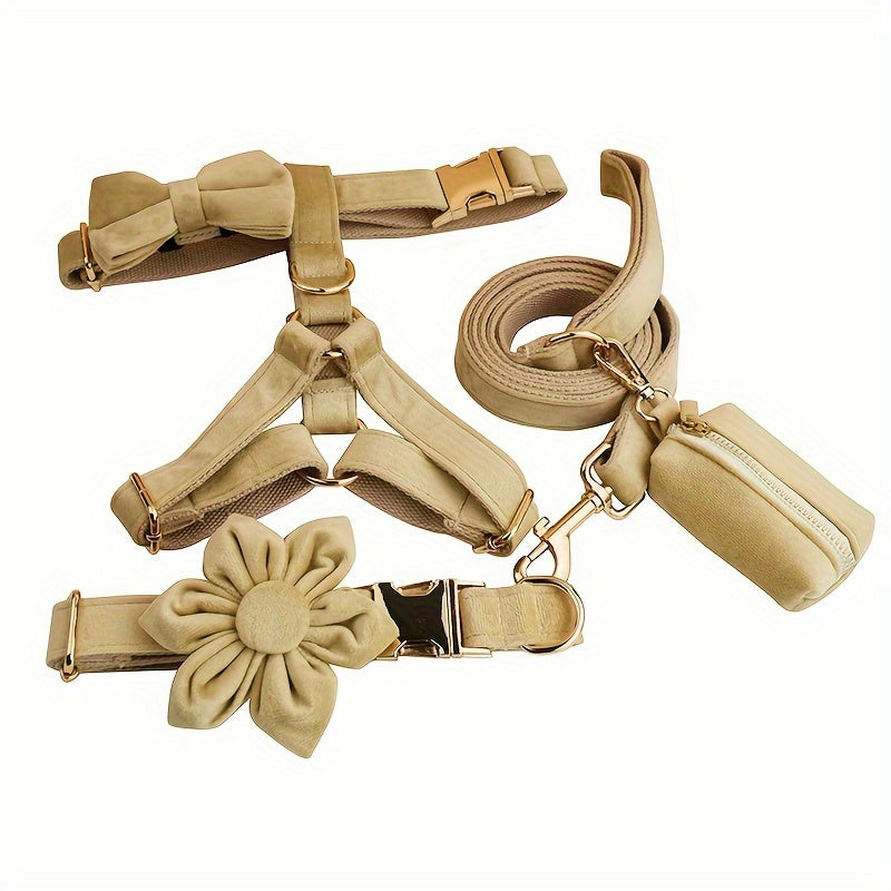 A Set Of 6 Pieces Of Dog Collar And Dog Leash Includes 1 Adjustable Soft Velvet Dog Collar, With 1 Flower, 1 Dog Leash, 1 Complimentary Poop Bag, 1 Detachable Bow Tie And A Dog Vest.