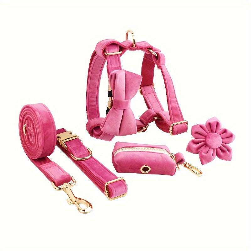 A Set Of 6 Pieces Of Dog Collar And Dog Leash Includes 1 Adjustable Soft Velvet Dog Collar, With 1 Flower, 1 Dog Leash, 1 Complimentary Poop Bag, 1 Detachable Bow Tie And A Dog Vest.