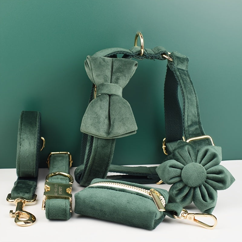 A Set Of 6 Pieces Of Dog Collar And Dog Leash Includes 1 Adjustable Soft Velvet Dog Collar, With 1 Flower, 1 Dog Leash, 1 Complimentary Poop Bag, 1 Detachable Bow Tie And A Dog Vest.
