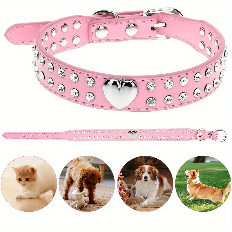 Small Dogs and Puppies Bling Heart Dog Collar - Durable Leather, Rhinestone Decor