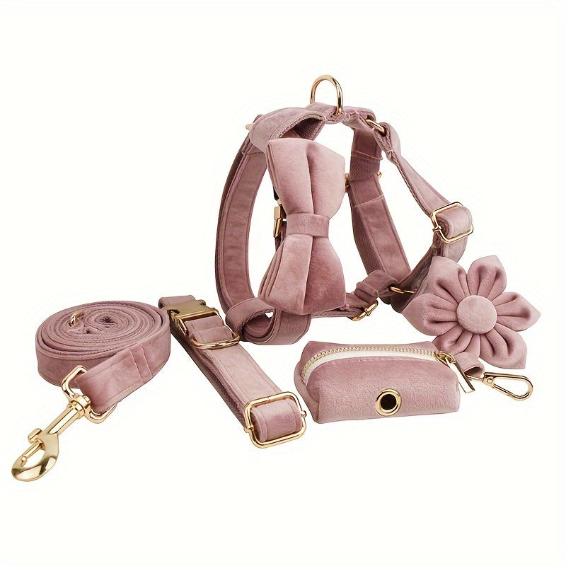 A Set Of 6 Pieces Of Dog Collar And Dog Leash Includes 1 Adjustable Soft Velvet Dog Collar, With 1 Flower, 1 Dog Leash, 1 Complimentary Poop Bag, 1 Detachable Bow Tie And A Dog Vest.
