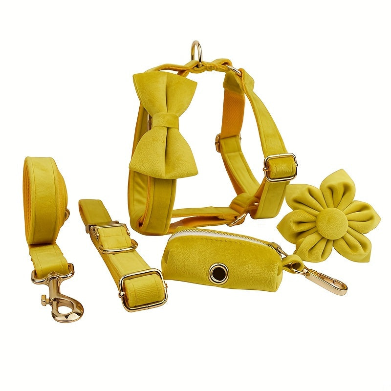 A Set Of 6 Pieces Of Dog Collar And Dog Leash Includes 1 Adjustable Soft Velvet Dog Collar, With 1 Flower, 1 Dog Leash, 1 Complimentary Poop Bag, 1 Detachable Bow Tie And A Dog Vest.