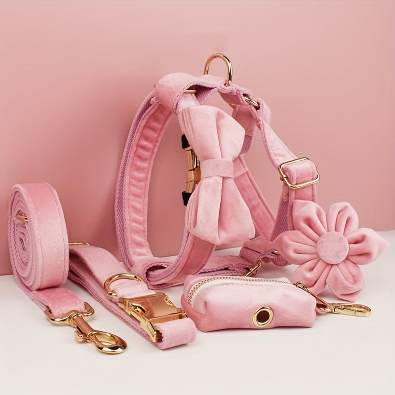 A Set Of 6 Pieces Of Dog Collar And Dog Leash Includes 1 Adjustable Soft Velvet Dog Collar, With 1 Flower, 1 Dog Leash, 1 Complimentary Poop Bag, 1 Detachable Bow Tie And A Dog Vest.