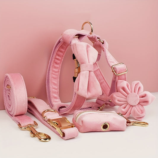 A Set Of 6 Pieces Of Dog Collar And Dog Leash Includes 1 Adjustable Soft Velvet Dog Collar, With 1 Flower, 1 Dog Leash, 1 Complimentary Poop Bag, 1 Detachable Bow Tie And A Dog Vest.
