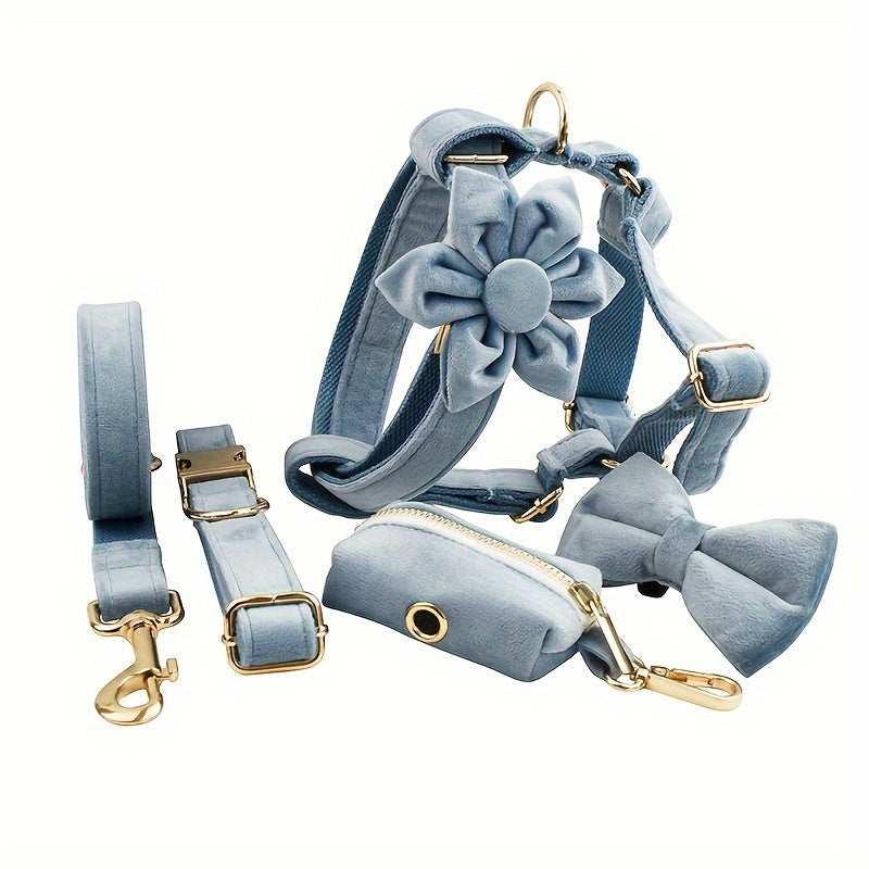 A Set Of 6 Pieces Of Dog Collar And Dog Leash Includes 1 Adjustable Soft Velvet Dog Collar, With 1 Flower, 1 Dog Leash, 1 Complimentary Poop Bag, 1 Detachable Bow Tie And A Dog Vest.