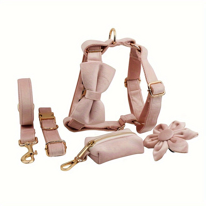 A Set Of 6 Pieces Of Dog Collar And Dog Leash Includes 1 Adjustable Soft Velvet Dog Collar, With 1 Flower, 1 Dog Leash, 1 Complimentary Poop Bag, 1 Detachable Bow Tie And A Dog Vest.