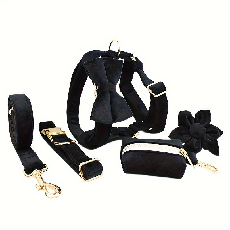 A Set Of 6 Pieces Of Dog Collar And Dog Leash Includes 1 Adjustable Soft Velvet Dog Collar, With 1 Flower, 1 Dog Leash, 1 Complimentary Poop Bag, 1 Detachable Bow Tie And A Dog Vest.