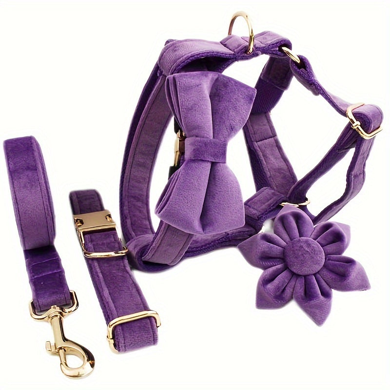 A Set Of 6 Pieces Of Dog Collar And Dog Leash Includes 1 Adjustable Soft Velvet Dog Collar, With 1 Flower, 1 Dog Leash, 1 Complimentary Poop Bag, 1 Detachable Bow Tie And A Dog Vest.
