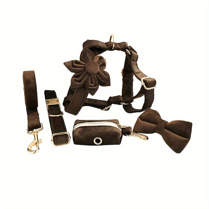 A Set Of 6 Pieces Of Dog Collar And Dog Leash Includes 1 Adjustable Soft Velvet Dog Collar, With 1 Flower, 1 Dog Leash, 1 Complimentary Poop Bag, 1 Detachable Bow Tie And A Dog Vest.