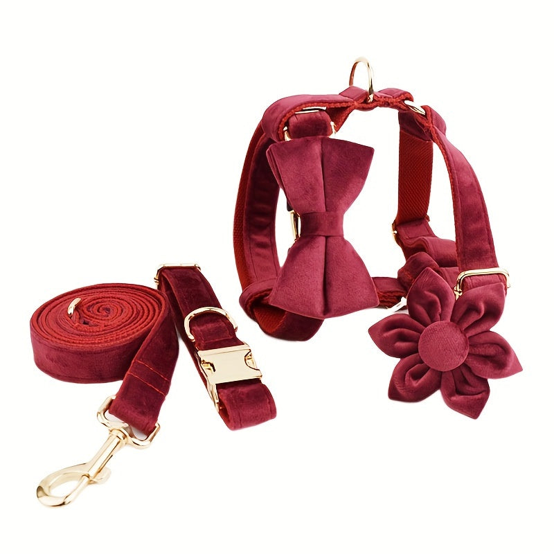 A Set Of 6 Pieces Of Dog Collar And Dog Leash Includes 1 Adjustable Soft Velvet Dog Collar, With 1 Flower, 1 Dog Leash, 1 Complimentary Poop Bag, 1 Detachable Bow Tie And A Dog Vest.