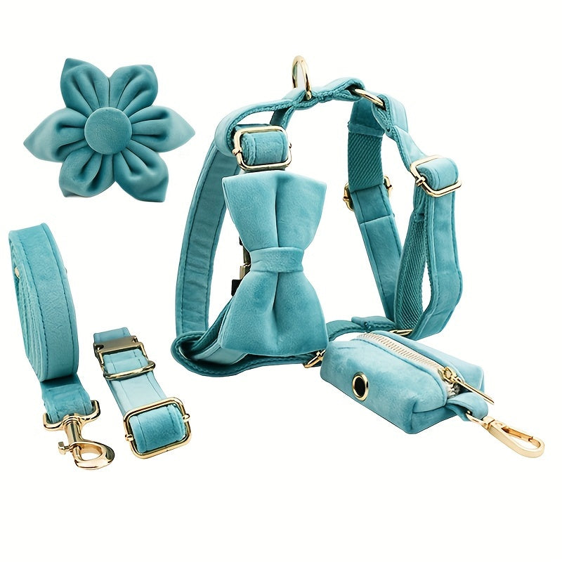 A Set Of 6 Pieces Of Dog Collar And Dog Leash Includes 1 Adjustable Soft Velvet Dog Collar, With 1 Flower, 1 Dog Leash, 1 Complimentary Poop Bag, 1 Detachable Bow Tie And A Dog Vest.