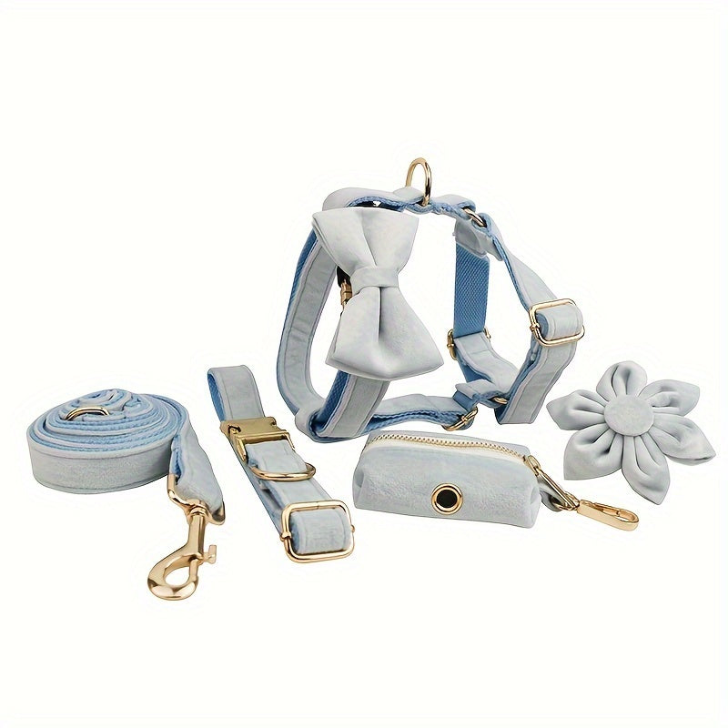 A Set Of 6 Pieces Of Dog Collar And Dog Leash Includes 1 Adjustable Soft Velvet Dog Collar, With 1 Flower, 1 Dog Leash, 1 Complimentary Poop Bag, 1 Detachable Bow Tie And A Dog Vest.