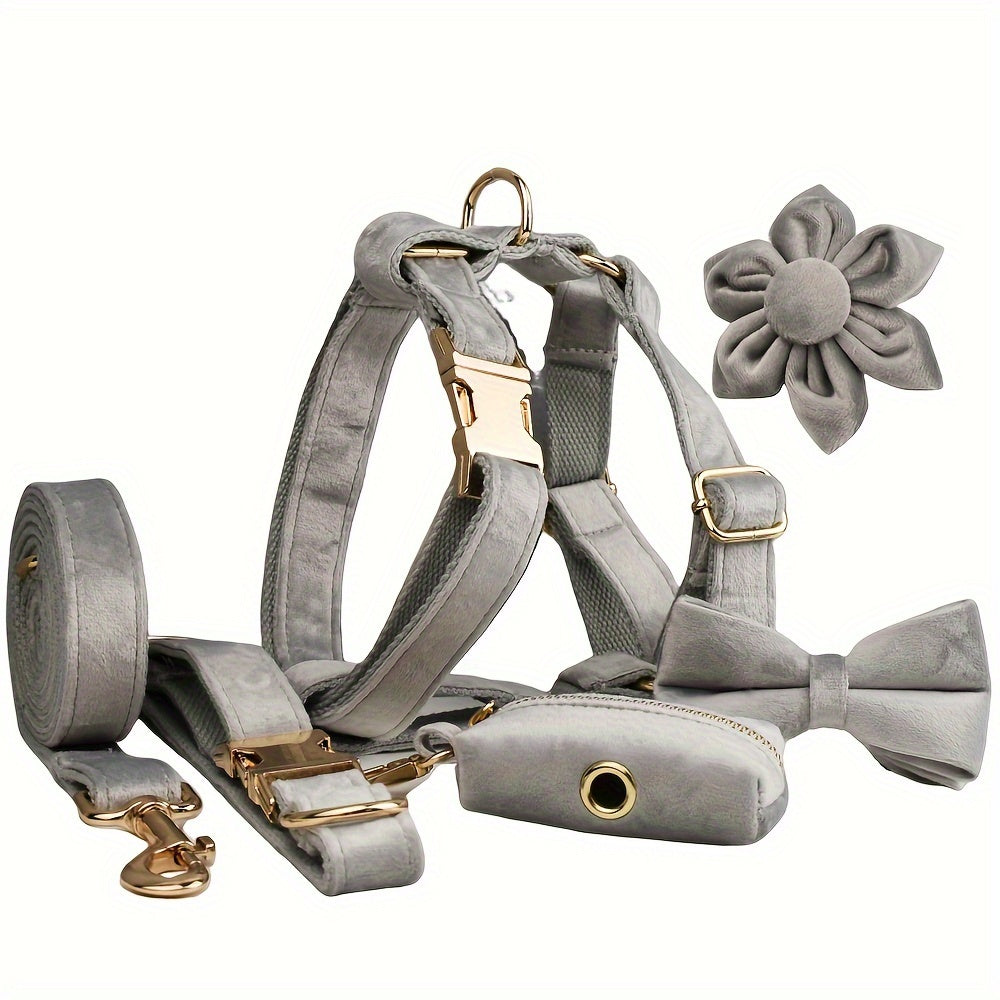 A Set Of 6 Pieces Of Dog Collar And Dog Leash Includes 1 Adjustable Soft Velvet Dog Collar, With 1 Flower, 1 Dog Leash, 1 Complimentary Poop Bag, 1 Detachable Bow Tie And A Dog Vest.