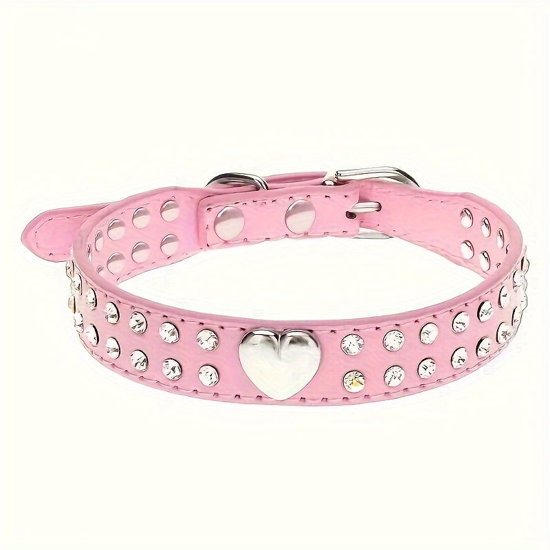 Small Dogs and Puppies Bling Heart Dog Collar - Durable Leather, Rhinestone Decor