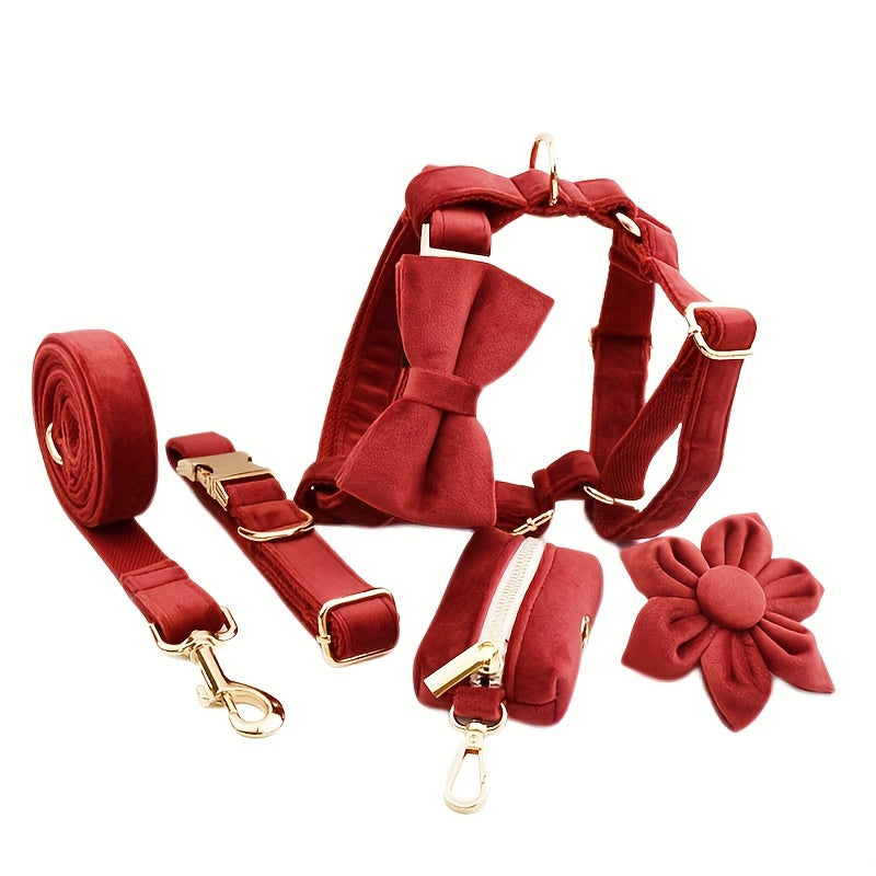 A Set Of 6 Pieces Of Dog Collar And Dog Leash Includes 1 Adjustable Soft Velvet Dog Collar, With 1 Flower, 1 Dog Leash, 1 Complimentary Poop Bag, 1 Detachable Bow Tie And A Dog Vest.