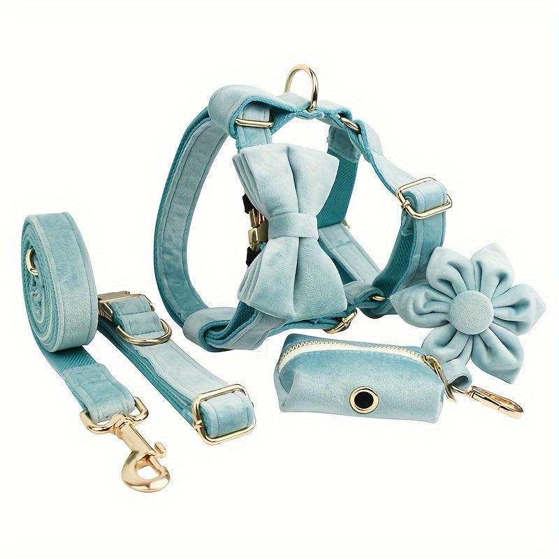 A Set Of 6 Pieces Of Dog Collar And Dog Leash Includes 1 Adjustable Soft Velvet Dog Collar, With 1 Flower, 1 Dog Leash, 1 Complimentary Poop Bag, 1 Detachable Bow Tie And A Dog Vest.