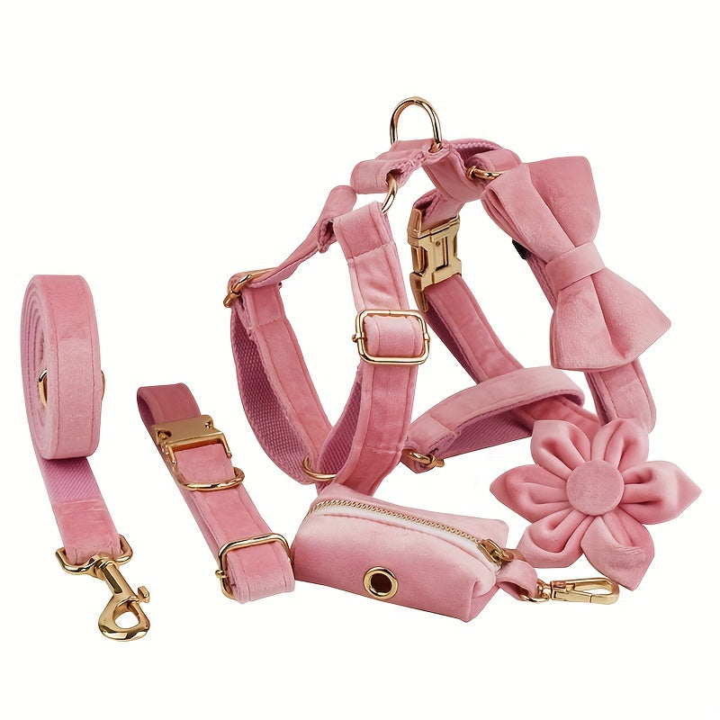 A Set Of 6 Pieces Of Dog Collar And Dog Leash Includes 1 Adjustable Soft Velvet Dog Collar, With 1 Flower, 1 Dog Leash, 1 Complimentary Poop Bag, 1 Detachable Bow Tie And A Dog Vest.