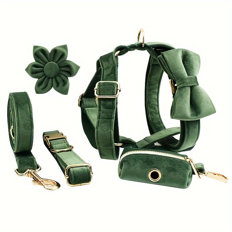 A Set Of 6 Pieces Of Dog Collar And Dog Leash Includes 1 Adjustable Soft Velvet Dog Collar, With 1 Flower, 1 Dog Leash, 1 Complimentary Poop Bag, 1 Detachable Bow Tie And A Dog Vest.