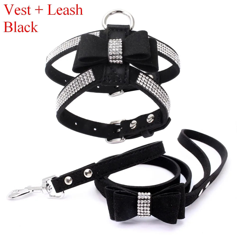 Pet Harness Leash With Rhinestone Bling Crystal Adjustable Chest Strap Soft Suede Bow Leather High Quality Drop Shipping