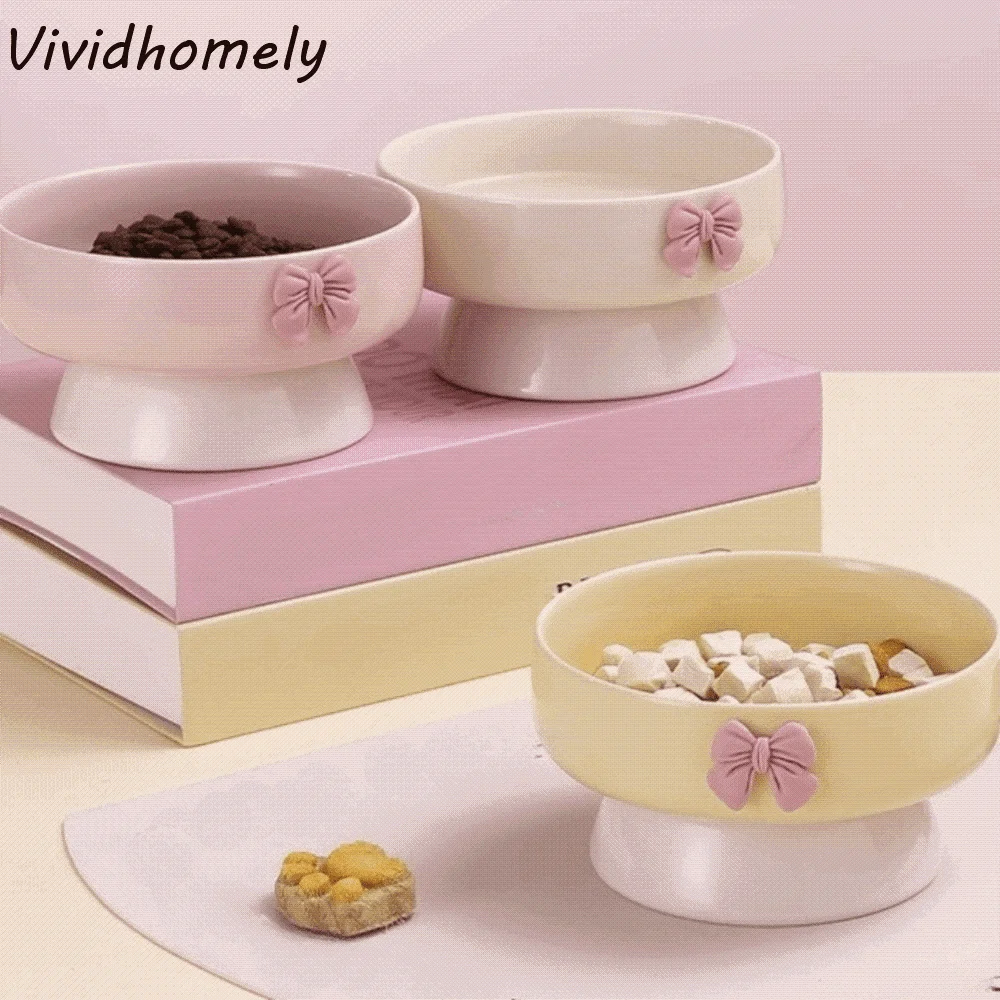 Cute Large Capacity Ceramic Cat Bowl Macaron Colors with Bow Anti-Spill Dog Bowl Non-Slip Base Pet Feeding Bowl For Puppy Cats
