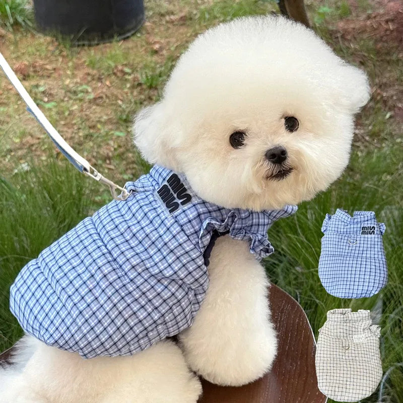 Dog Clothes with Traction Buckle Cute Winter Teddy Coat Pomeranian Fashionable Checked Jacket Maltese Thickened Clothing