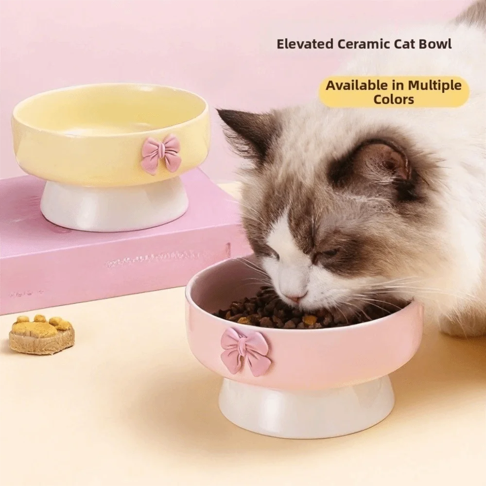 Cute Large Capacity Ceramic Cat Bowl Macaron Colors with Bow Anti-Spill Dog Bowl Non-Slip Base Pet Feeding Bowl For Puppy Cats