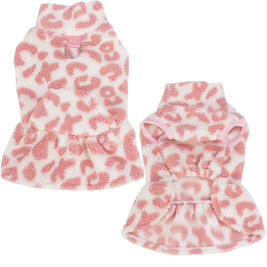 Leopard Dog Dress Coat Winter Fleece Pullover Sweatshirt Pet Clothes Sleeveless Vest Hoodies Puppy Skirt For Small Dogs Chihuahua