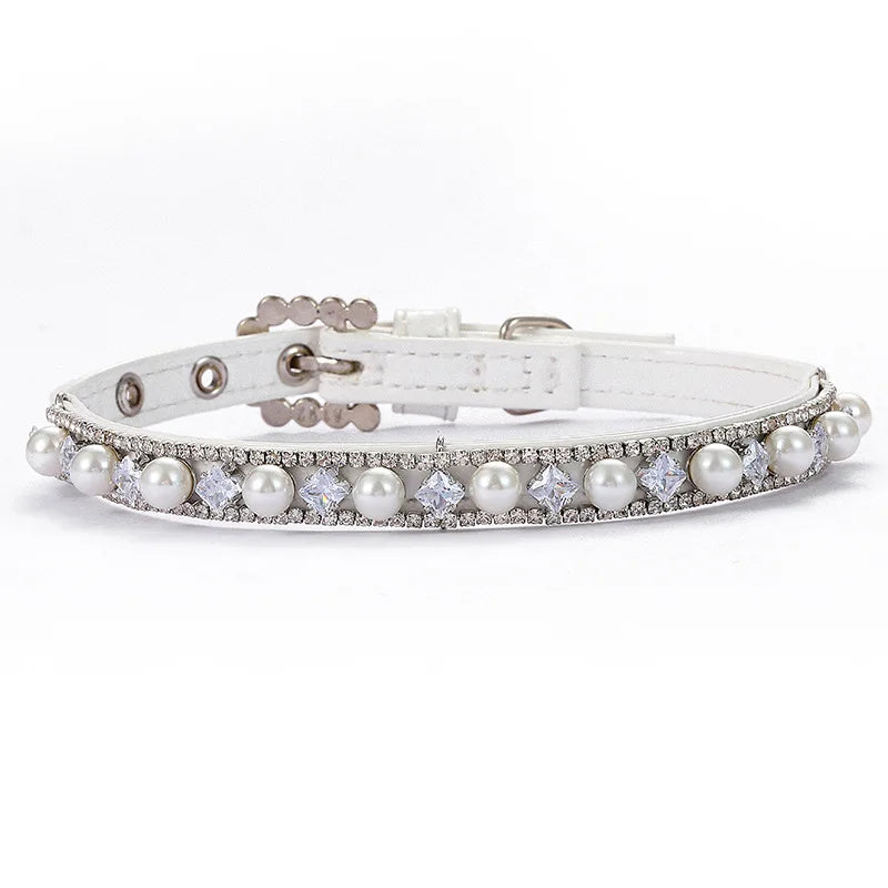 Rhinestones Dog Collar Luxury Designer Pearl Cat Necklace Adjustable Neck Strap Bling Diamond Collar for Cat Puppy Accessories
