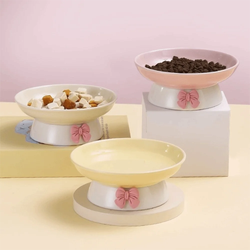Cute Large Capacity Ceramic Cat Bowl Macaron Colors with Bow Anti-Spill Dog Bowl Non-Slip Base Pet Feeding Bowl For Puppy Cats
