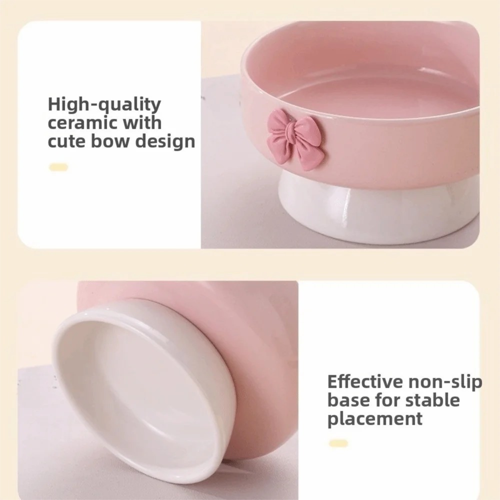Cute Large Capacity Ceramic Cat Bowl Macaron Colors with Bow Anti-Spill Dog Bowl Non-Slip Base Pet Feeding Bowl For Puppy Cats